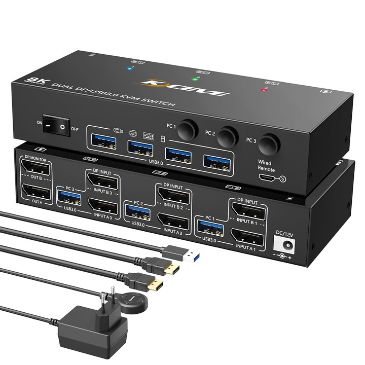 KVM Switch 8K, camgeet, 3 PC, 2 monitor, 4 USB 3.0 port