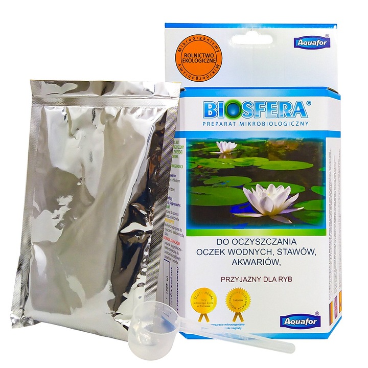 Purificator Microbiologic Pentru Curatarea Si Limpezirea Apei Din Iaz, Aquafor, Biosfera, 200 g, Bacterii Si Enzime, Incolor, Tratament Natural De Reducere Sedimente Si Namol, Stimulare Crestere Plante Acvatice, Eliminare Alge, Filtru Apa Ecologic