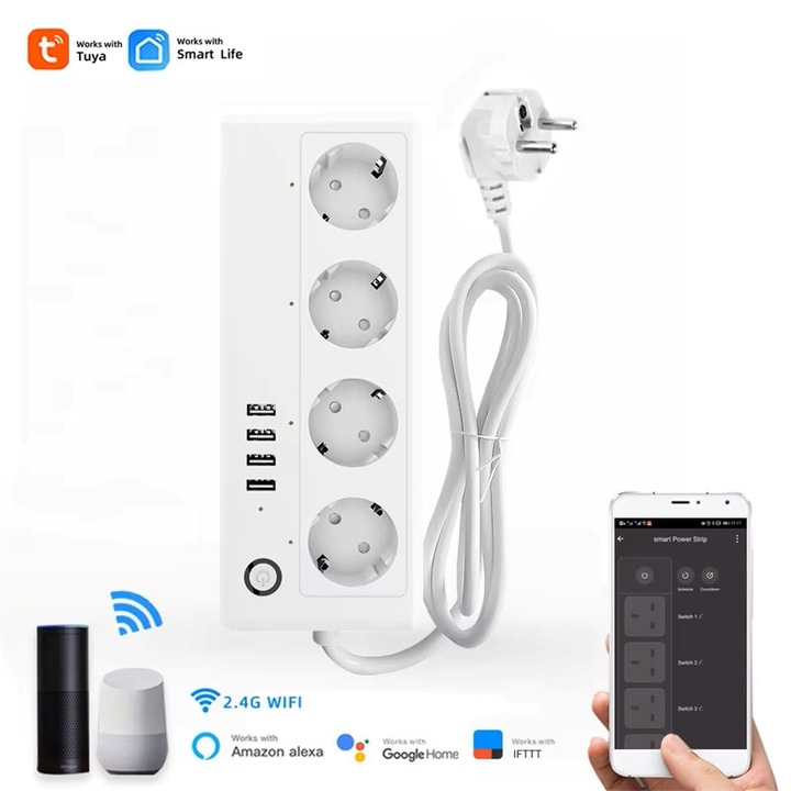 Prelungitor inteligent WiFi, 16A, Wi-Fi, App Tuya/Smart Life, Compatibil Alexa/Google Assistant, Alb