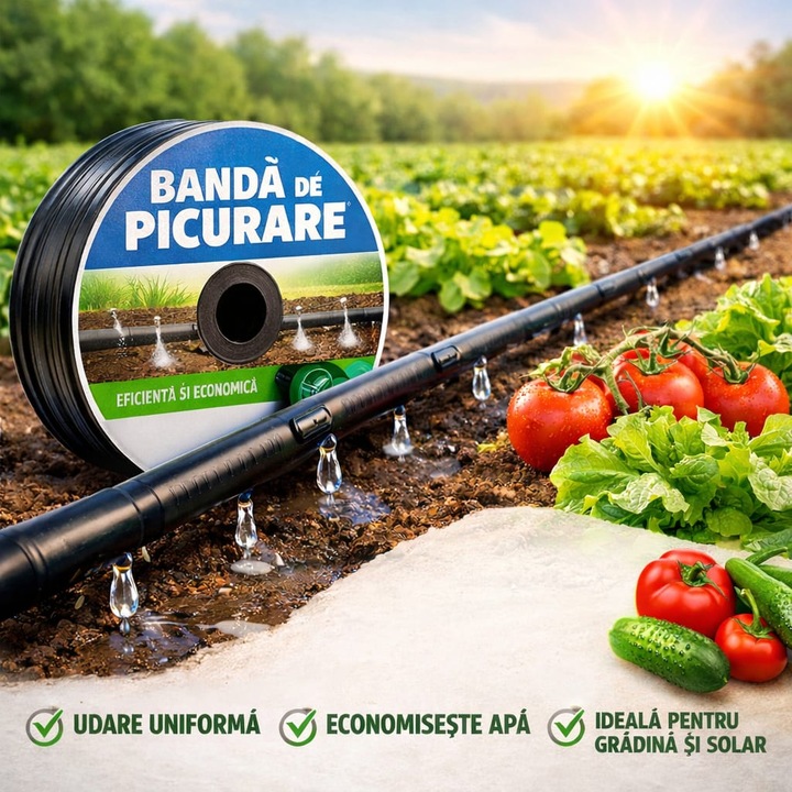 Banda de irigare LifeTape, Diametru 16mm, Grosime perete 8 mil, 10 cm, 1.5l/h, Lungime 2000 ml, Fabricat in ROMANIA, Irigare profesionala pentru camp si solarii