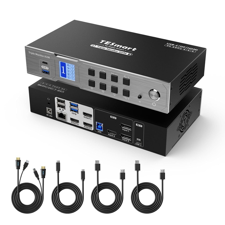 Tesmart KVM kapcsoló, 2 PC, 3 monitor 4K@60Hz, HDMI, USB-C, 11 az 1-ben