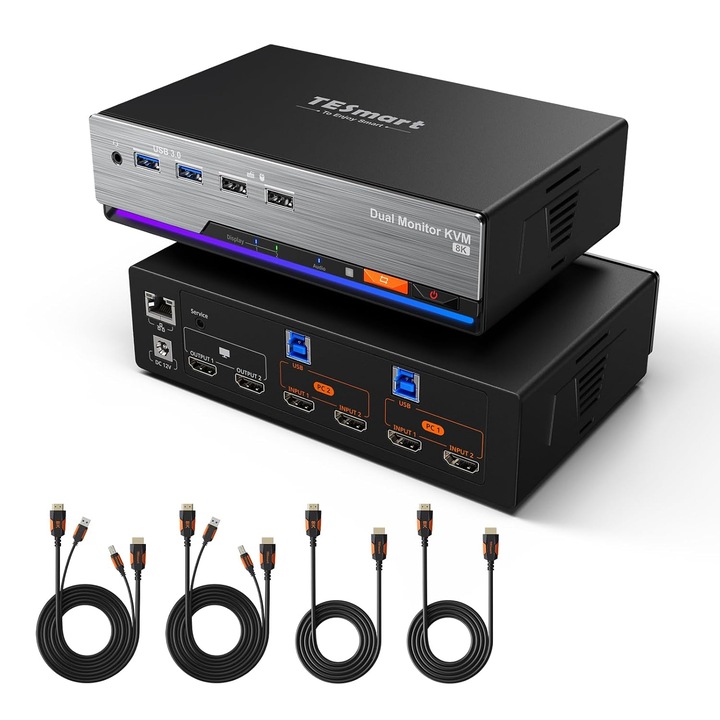 Tesmart 8K KVM kapcsoló, 2 PC, 2 monitor, 8K@60Hz, HDMI 2.1, USB 3.0