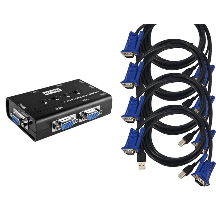 KALEA-INFORMATIQUE KVM kapcsoló 4 PC-hez, VGA, USB, támogatja a 2048x1536 felbontást, tápellátás kábeleken keresztül