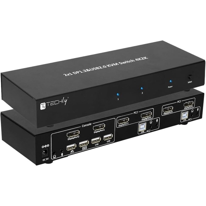 Techly IDATA DP-KVM2 KVM kapcsoló, 4K Ultra HD, fekete, 2 DisplayPort port