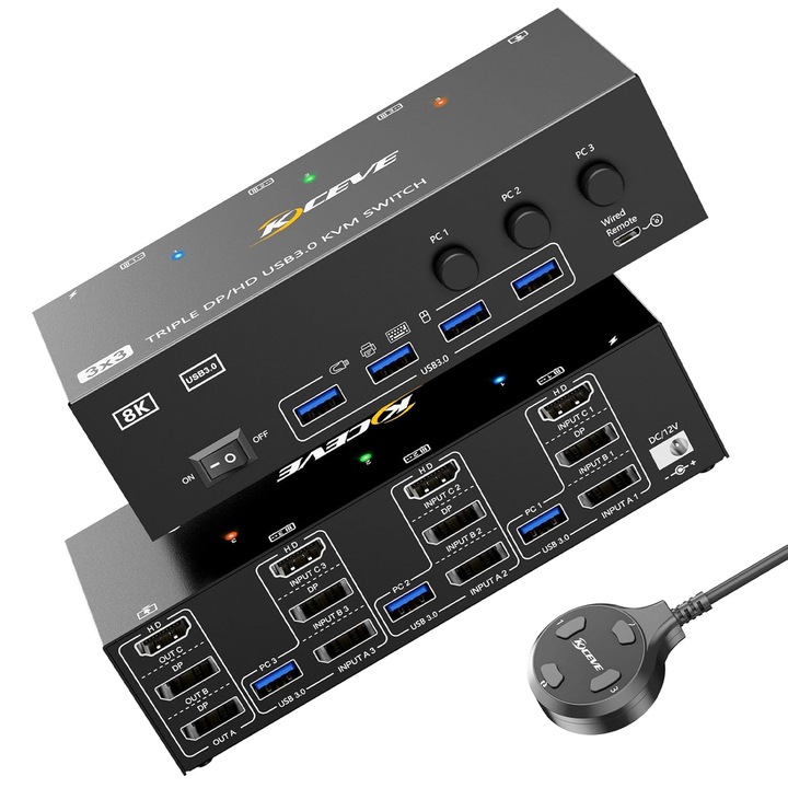 KVM kapcsoló 3 monitorhoz, NAWEN, 4K@60Hz, DisplayPort, HDMI, 4x USB 3.0