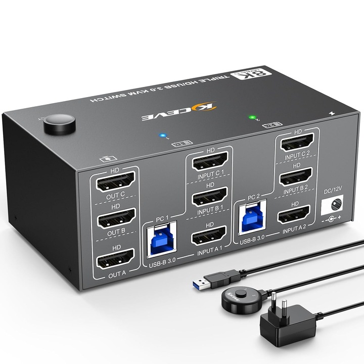 KVM kapcsoló 2 PC-hez, 3 monitorhoz, HDMI 8K 60Hz, USB 3.0