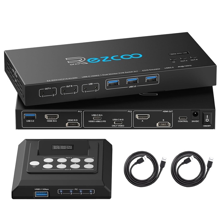 ROFAVEZCO KVM kapcsoló kettős monitorhoz, 4K@120Hz, HDR, Dolby Vision, 2xUSB 3.0