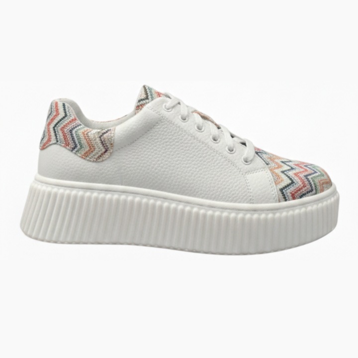 Sneakers dama, SandAli, piele naturala, talpa cusuta, imprimeu zig‑zag multicolor, alb