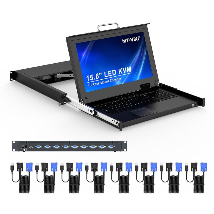 15.6" LCD KVM konzol, MT-VIKI, 8 portos, Full HD, 1U, alumínium
