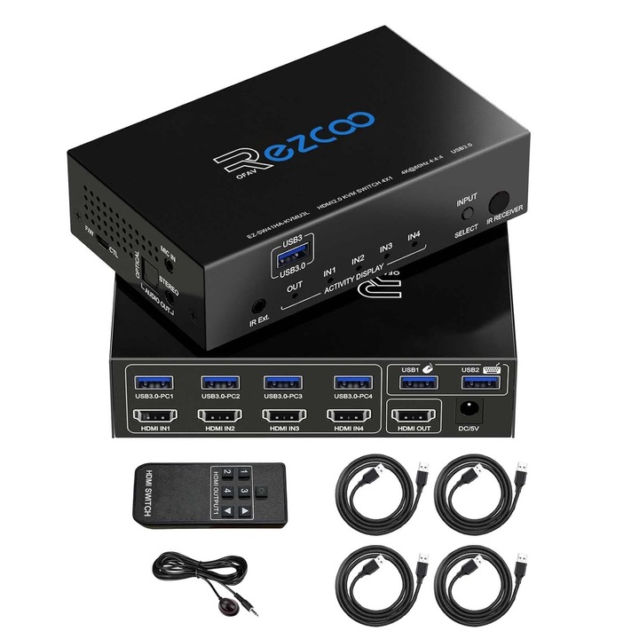 KVM HDMI USB 3.0 kapcsoló 4 portos 4K 60Hz HDR, 4 számítógép vezérlése, távirányítóval, kompakt formátum