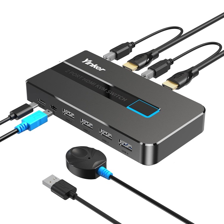 KVM HDMI 4K 60Hz kapcsoló, Yinker, 2 portos, 4 USB port, USB-C tápellátás
