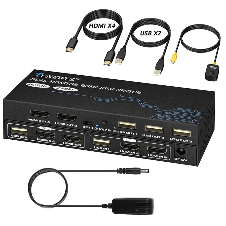 TCNEWCL HDMI KVM kapcsoló 2 PC-hez 2 monitorhoz 4K 60Hz, Plug & Play, 3 megjelenítési mód