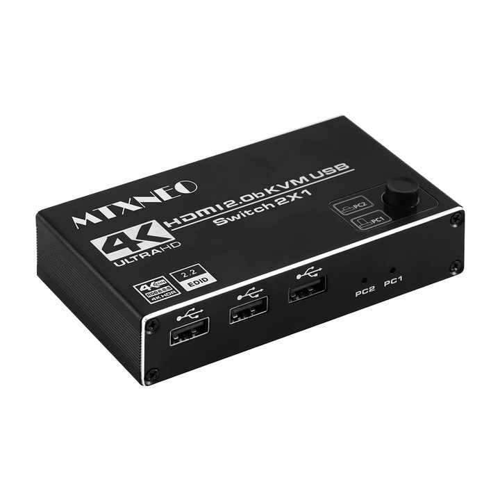 KVM HDMI 2.0 kapcsoló mtxneo, 2 bemenet, 1 kimenet, 3 USB 2.0 port, 4K, fém