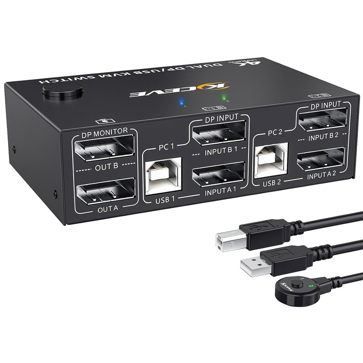 KVM kapcsoló 2 PC-hez 2 monitorhoz YOUTINGHDAV DisplayPort 1.4 4K@144Hz 4 USB 2.0 port