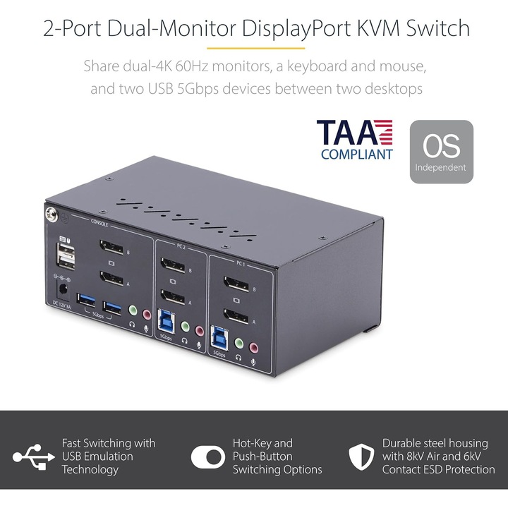 Startech KVM kapcsoló 2 portos Kétmonitoros 4K 60Hz, 2xUSB 3.0, acél