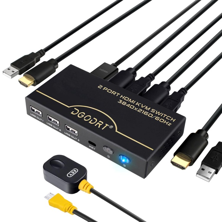 KVM kapcsoló, DGODRT, 2 PC 1 monitor, 4K@60Hz, 3 USB eszköz támogatása