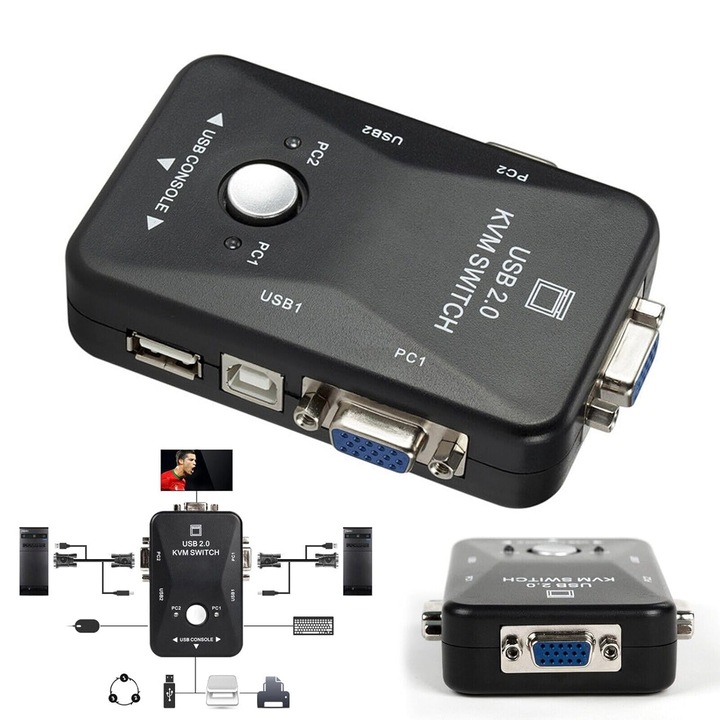 KVM kapcsoló 2 portos USB VGA, 1920x1440 felbontás, egyszerű váltás, Xingdianfu