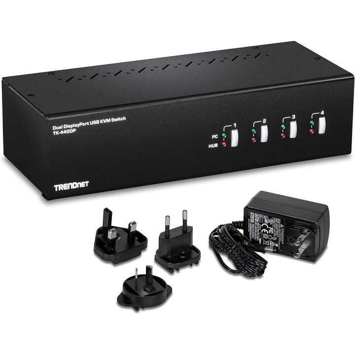TRENDnet TK-440DP KVM kapcsoló, 4 portos, Dual DisplayPort, 4K UHD, 2 USB 2.0, fekete