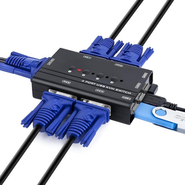 KVM kapcsoló 4 portos TCNEWCL VGA USB, Full HD 1080P, kábelek mellékelve