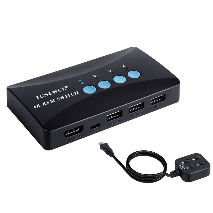 KVM HDMI kapcsoló 4 portos TCNEWCL, 4K, 3 USB, 2 az 1-ben kábelekkel együtt
