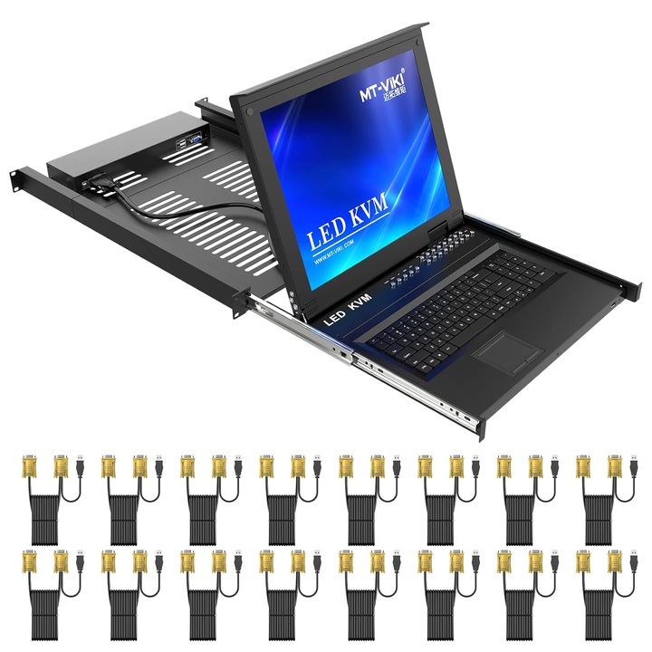 KVM Rack kapcsoló 16 portos, MT-VIKI, 17" LCD kijelző, billentyűzet, 1U, VGA