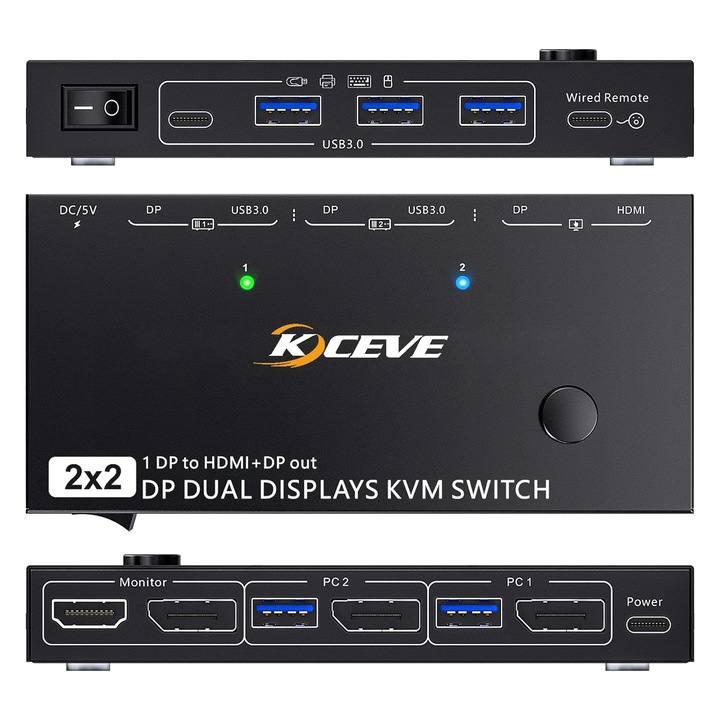 KVM kapcsoló 2 monitorhoz, KCEVE, DP + HDMI, 8K felbontás, 4 USB 3.0 port