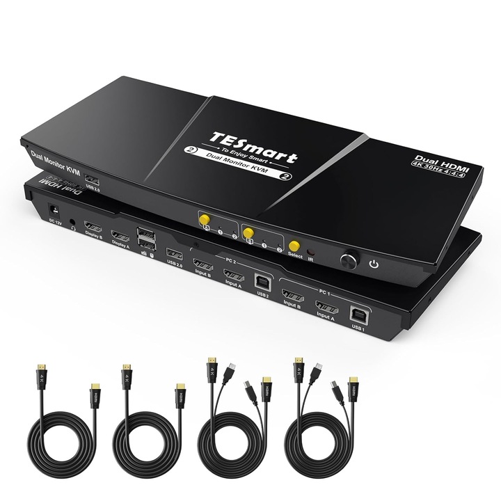 Tesmart KVM kapcsoló, 2 monitor, 2 PC, HDMI, USB 2.0, 4K30Hz