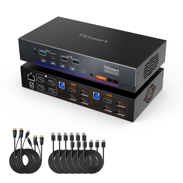 Tesmart KVM kapcsoló, 4K@60Hz, 2 PC, 4 monitor, HDMI 2.0, USB 3.0