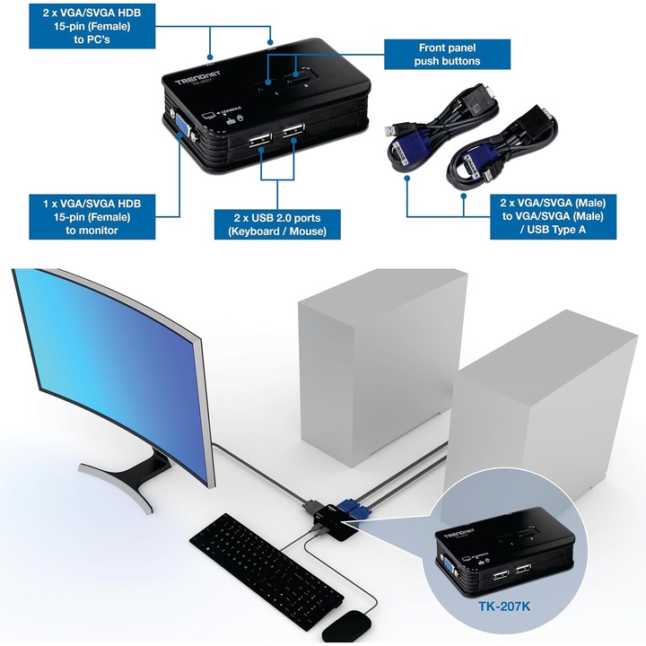 TRENDnet TK-207K KVM kapcsoló, 2 portos, VGA és USB, 2048x1536 felbontás