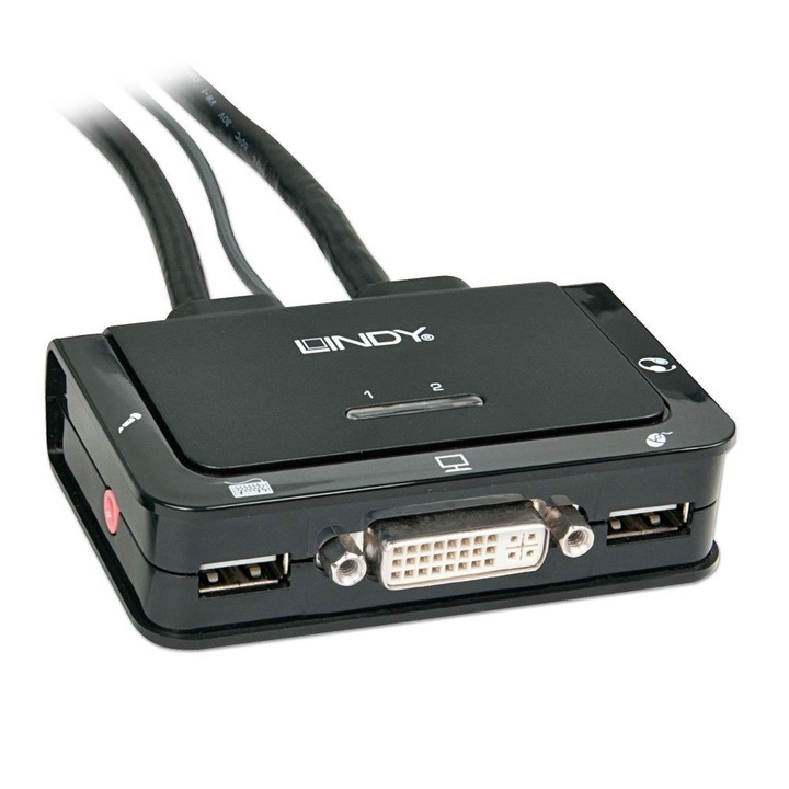Lindy KVM kapcsoló, DVI-D, 2 USB 2.0 port, Fekete, Kompakt