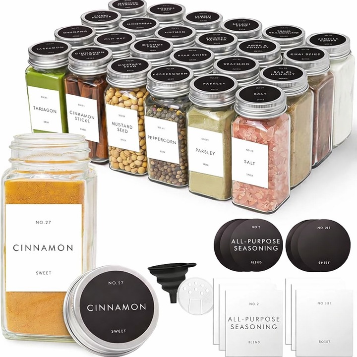 Set 24 Bucati Borcane din Sticla pentru Condimente cu Capace Metalice Etanse