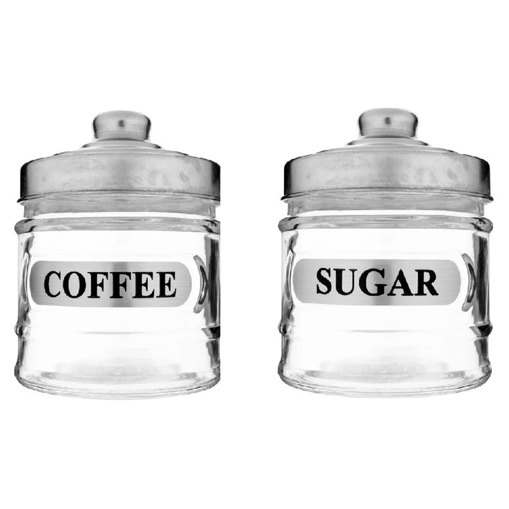 Set de 2 recipiente pentru cafea si zahar din sticla, cu capac metalic, 250 ml, 8.5x11cm
