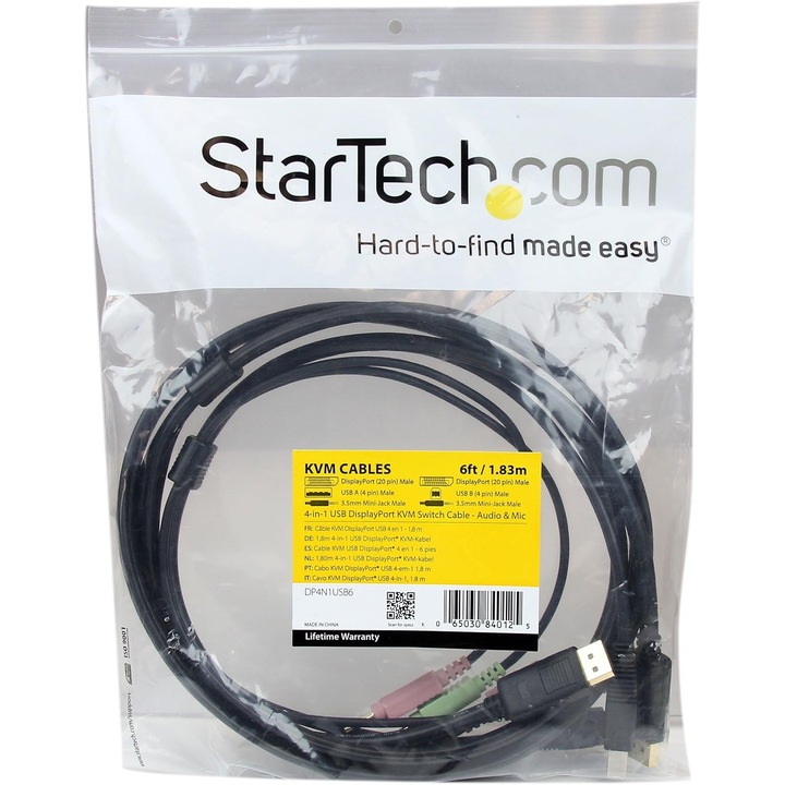 Startech USB DisplayPort KVM kábel, 1.8m, audio és mikrofon támogatással