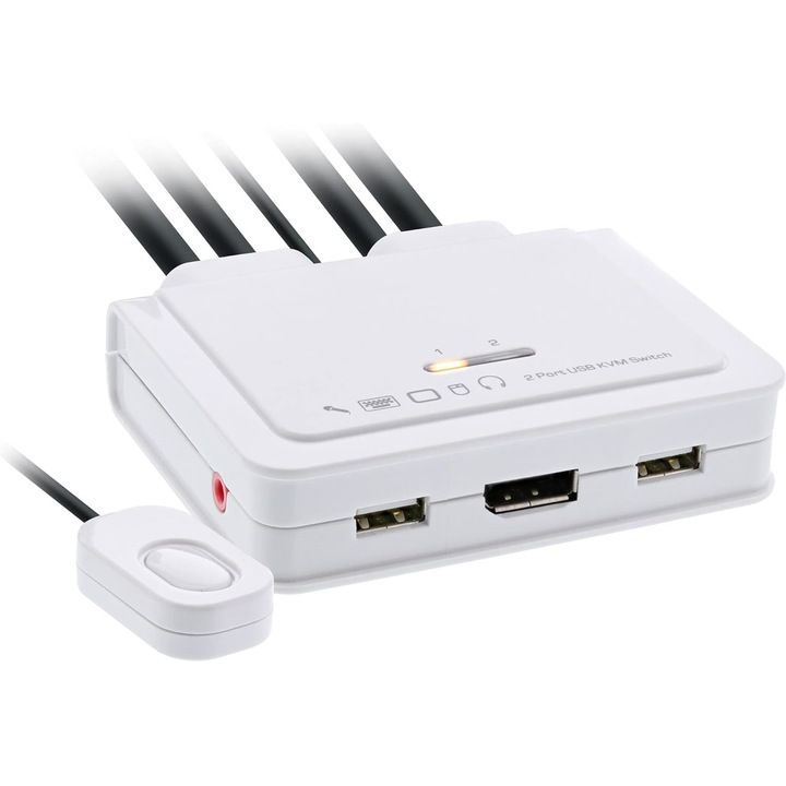 KVM Kapcsoló InLine USB-C + DisplayPort 4K 60Hz, integrált kábelek, gyors váltás, 2 x USB-C