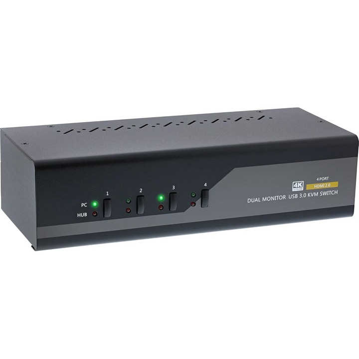 KVM kapcsoló 4 portos, InLine, kétmonitoros HDMI, 4K, 2xUSB 3.0