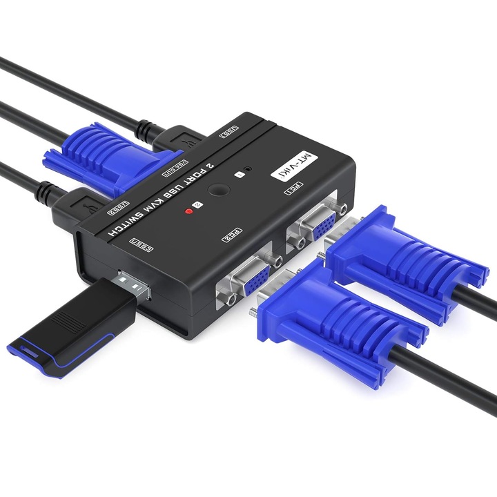 KVM VGA kapcsoló 2 portos, MT-VIKI, 1920x1440 felbontás, 2 KVM kábel mellékelve, 2x USB