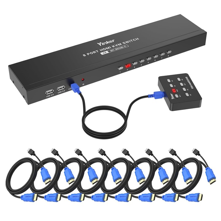 Yinker 8 portos HDMI KVM kapcsoló, 4K, vezeték nélküli támogatás, kábelek mellékelve