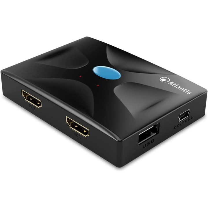KVM HDMI Atlantis kapcsoló, 2 portos, 4K támogatás, 30Hz, csatlakozókábelekkel együtt