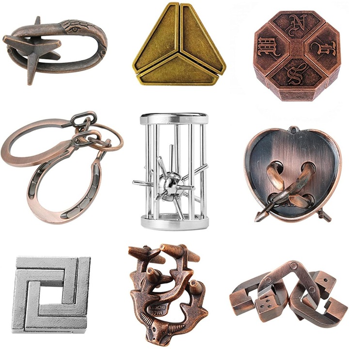 Set 9 Jocuri Puzzle Metalice IQ, Test Creier 3D, Cadouri Copii si Adulti