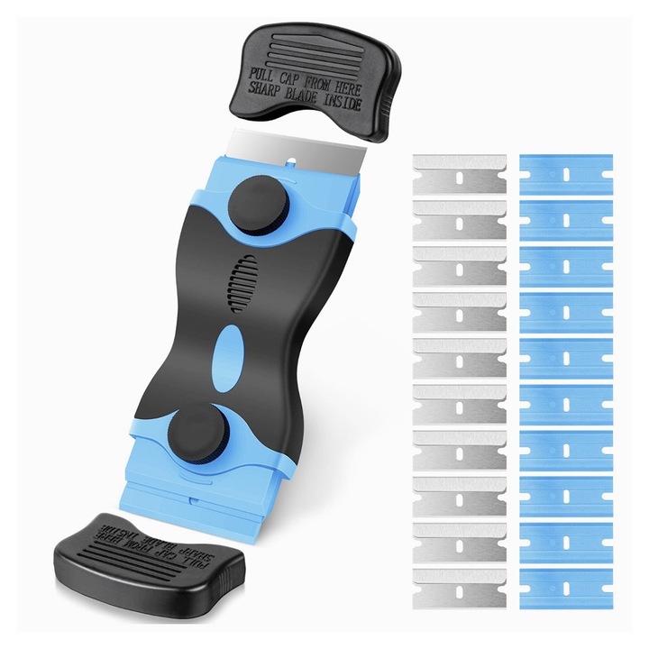 Racleta Multifunctionala pentru Curatare Sticla si Ceramica, Flippy, Design Ergonomic, Maner Anti-alunecare, Include 20 de Lame de Schimb, 12, 5 x 4, 5 cm, Albastru