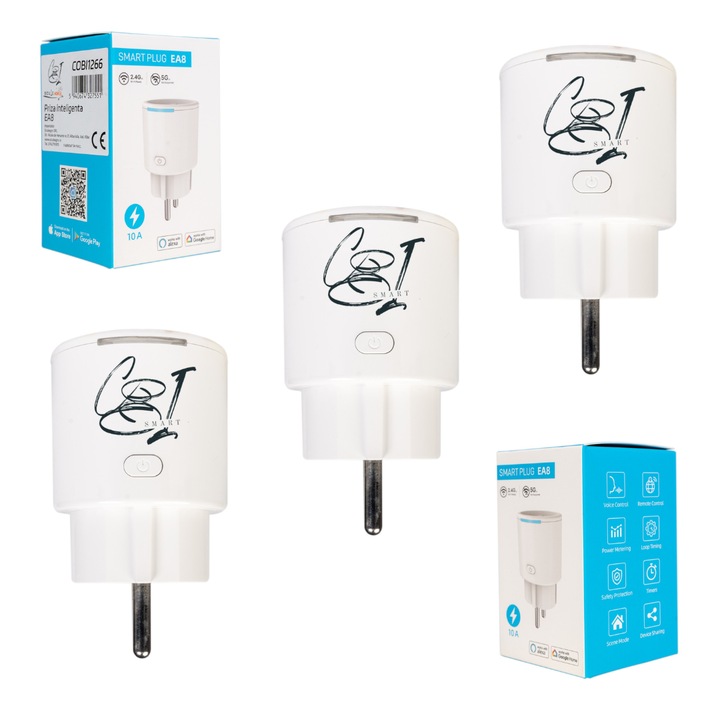 Set 3 prize inteligente SMARTPLUG EA8, control Tuya, compatibile Google Assistant/Alexa, alb, 10A, 2500W