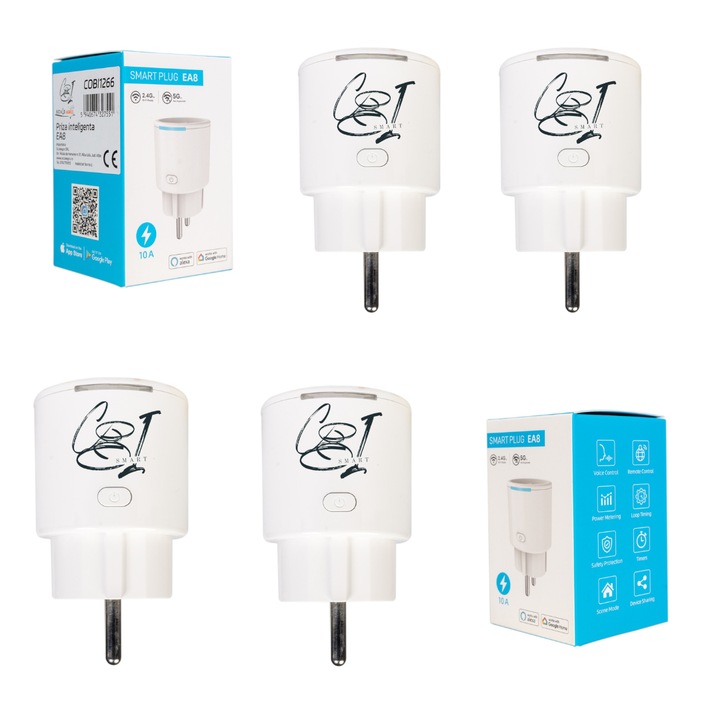 Set 4 prize inteligente SMARTPLUG EA8, alb, 10A, 2500W, control Tuya