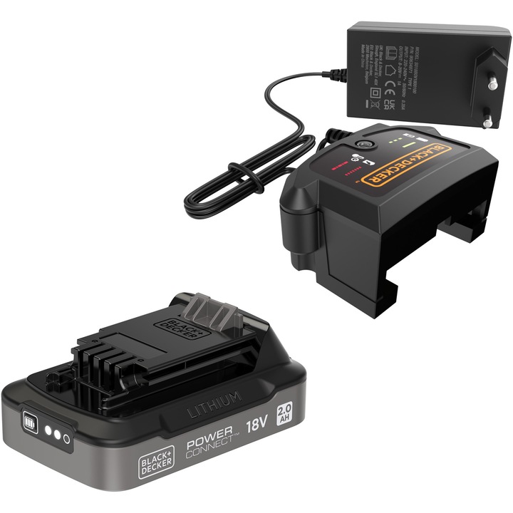 Kit incarcator si acumulator Li-Ion 2.0Ah Black & Decker BDL2018S1B, 18V, compatibil cu toate sculele POWERCONNECT, status incarcare LED, incarcator 1A - incarca acumulatorul de 2Ah in doua ore, (nu este compatibil cu rotopercutorul BCD900B)