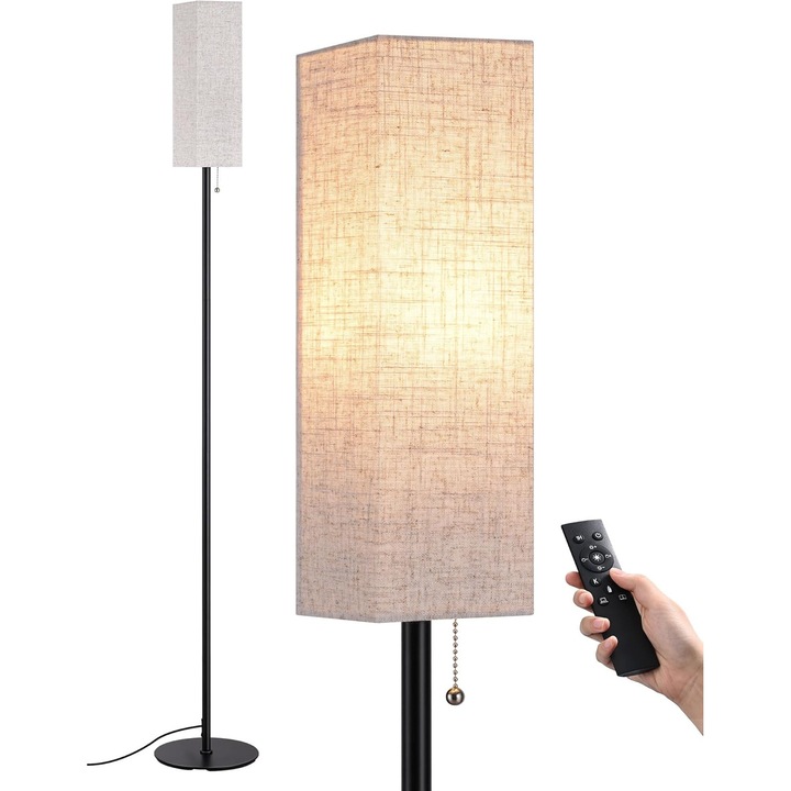 Lampa de podea EDISHINE, reglabilă 2700K-6000K, telecomandă magnetică, neagră cu abajur bej, 165 cm