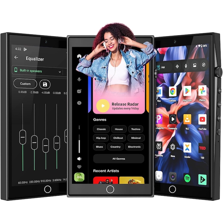 MP3 плейър Android 13 192GB (64GB ROM + 128GB карта), Bluetooth 5.0 и WiFi, 4,7-инчов HD тъчскрийн, 4GB RAM, предна и задна камера, AI асистент, музикален и видео плейър за деца