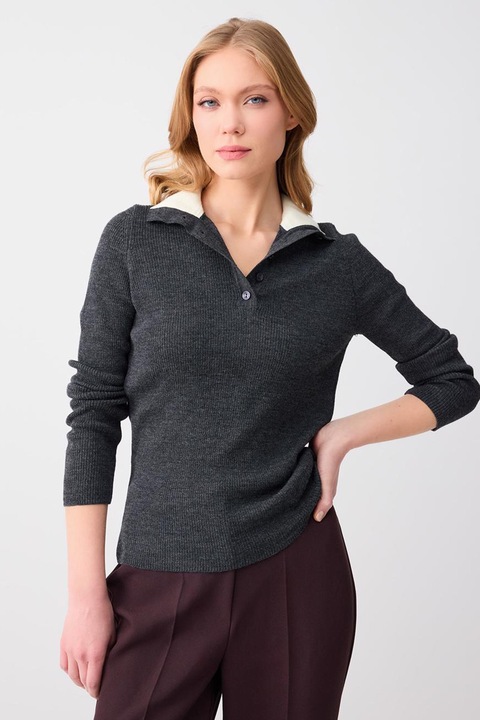 JIMMY KEY, Bluza polo din amestec de lana, Gri inchis melange