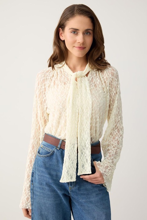 JIMMY KEY, Bluza din dantela cu funda, Alb fildes