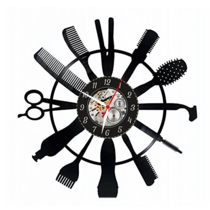 Dekoratív falióra - Borbély és fodrász eszközök - Professzionális radiális design - vinyl lemezből készült, Fekete