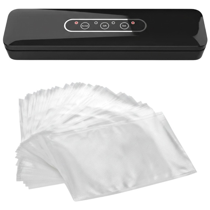 Aparat de vidat alimente cu 3 programe, 50 pungi incluse, 80 W putere, 30 cm lungime sigilare