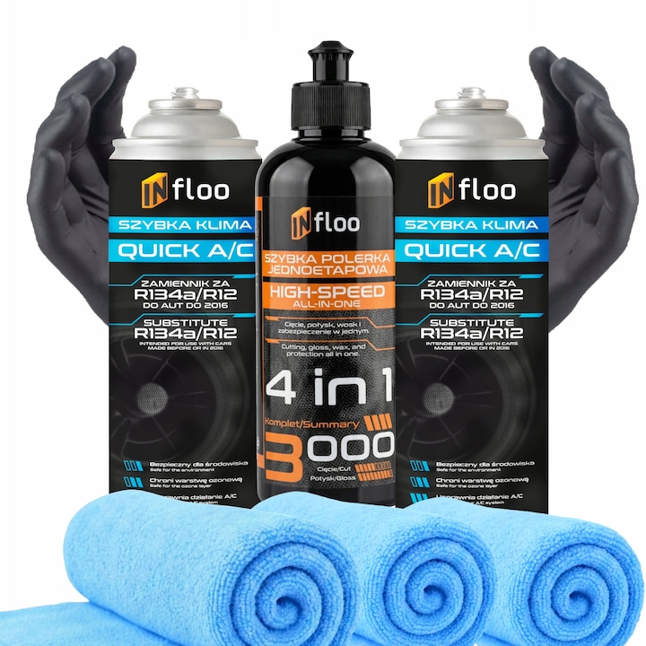 Pachet auto, Infloo, 2x gaz clima R134a, pasta polish 4in1, 3 microfibre, manusi, reincarcare manuala, stralucire caroserie, eficient